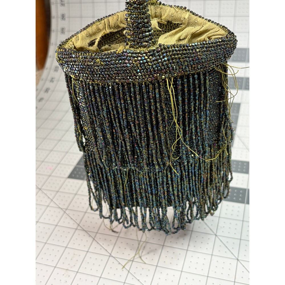 Antique 1920s Iridescent Beaded Fringe Purse Flapper Art Deco Wristlet Seed Bead - Picture 6 of 6